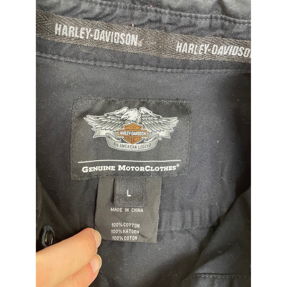 Harley-Davidson Mens Black Short Sleeve Button Up Shirt Graphic Logo Patches L - Picture 7 of 9